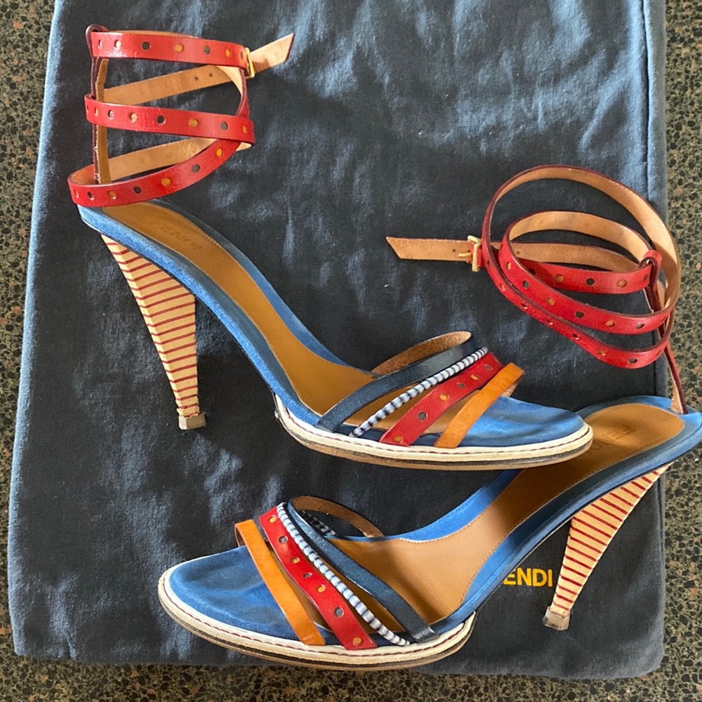 Fendi ankle-strap Sandals Red Blue Orange Leather Striped Square heel Size 40